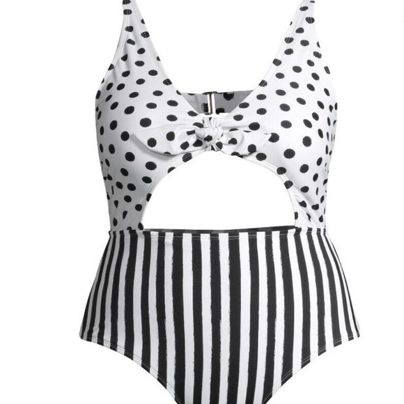 Pin-Up Polka Dot Striped Tie Front Keyhole Cheeky 1-Pc Swimsuit XL White Black - Picture 6 of 16